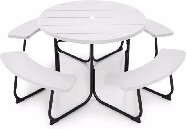 Set tavolo da picnic per 8 persone con 4 panche e foro per ombrellone, Tavolo da picnic circolare portata 225kg Bianco-Tavoli e sedie da campeggio