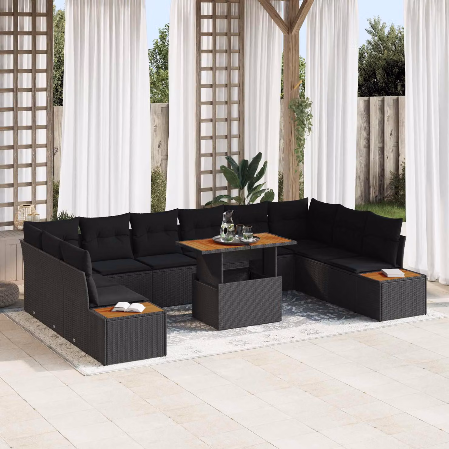 Set Divano da Giardino Moderno vidaXL in Rattan e Metallo, 11 Pezzi, Nero Opaco – 1