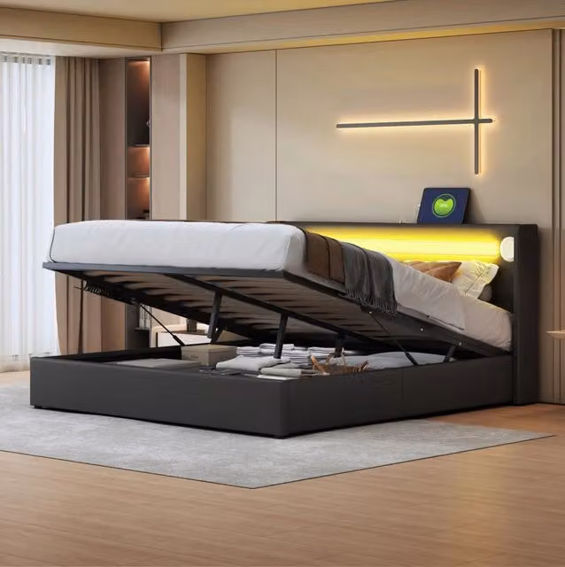 Letto contenitore 160x200 cm con LED; Bluetooth e USB; pelle PU nero (Senza materasso)