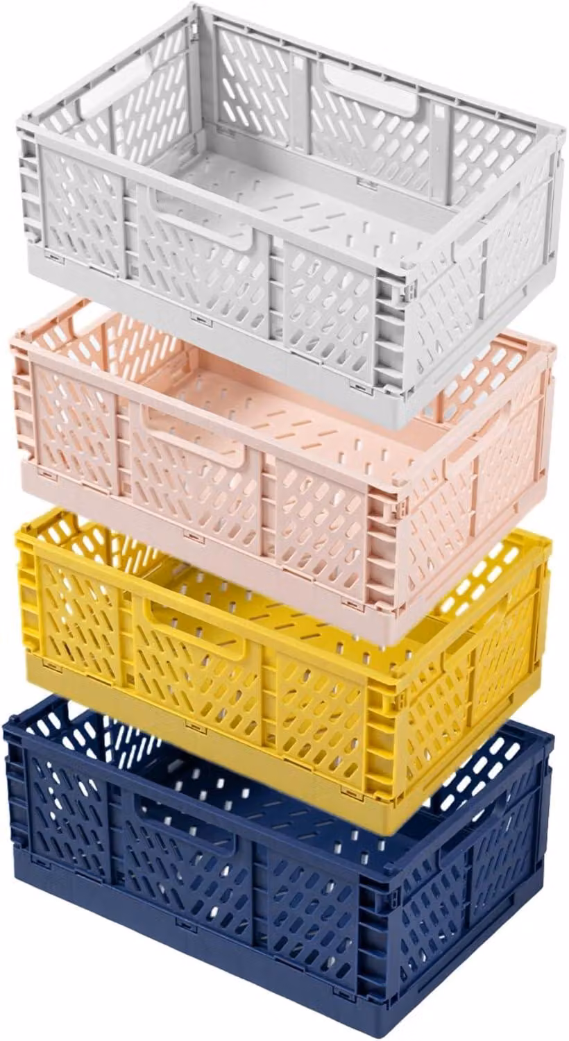 Contenitore pieghevole in plastica, impilabile, dimensioni 43x29x17 cm, set da 4, ideale per bagno e cucina