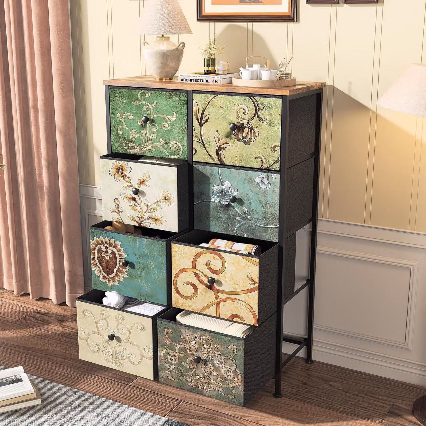 Comò vintage con 8 cassetti, mobile contenitore con struttura in metallo, cassettiera rustica, dimensioni 100 x 30 x 100 cm