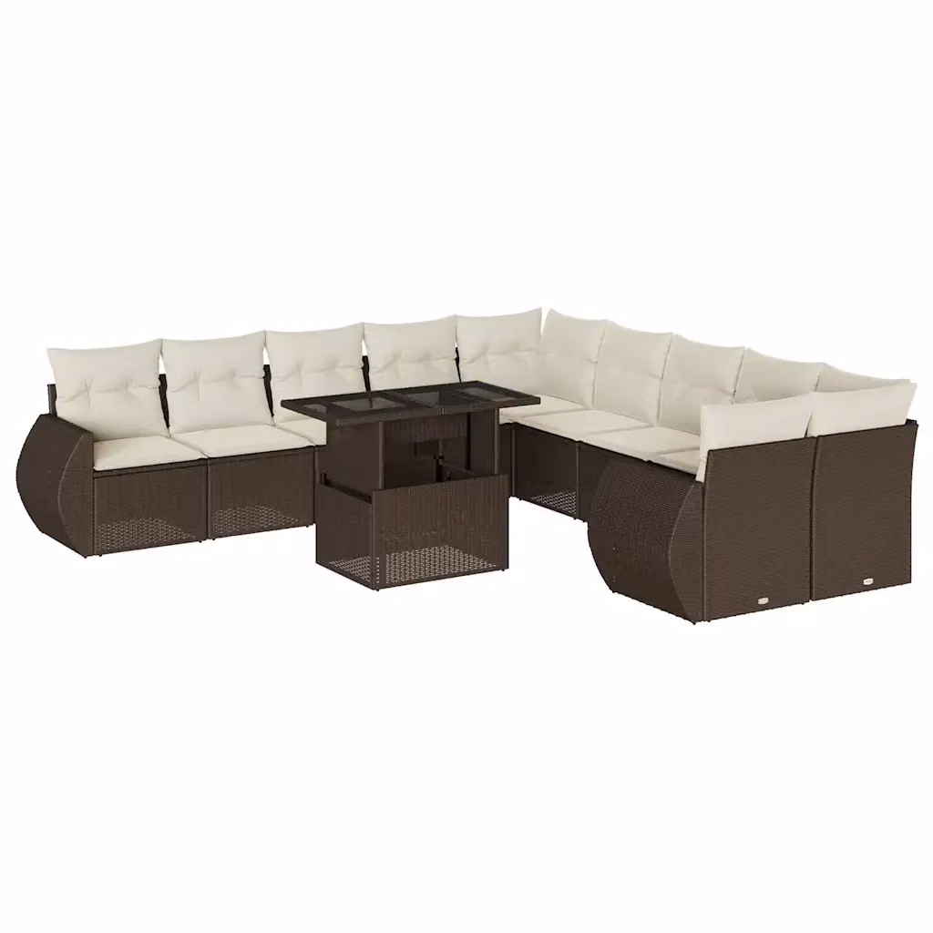 Set di divani da giardino vidaXL in polyrattan marrone e bianco con 11 pezzi, composto da elementi angolari, poltrone lounge, tavolino da esterno e cuscini con coperture rimovibili – 2