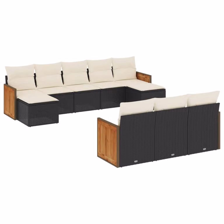 Set Divani da Giardino 10pz con Cuscini in Polyrattan Nero