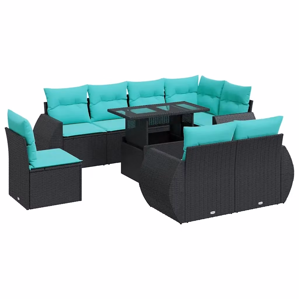 Set di Divani da Giardino a Forma di U vidaXL in Polyrattan Nero con Cuscini Blu e Tavolino da Esterno 9 Pezzi – 2