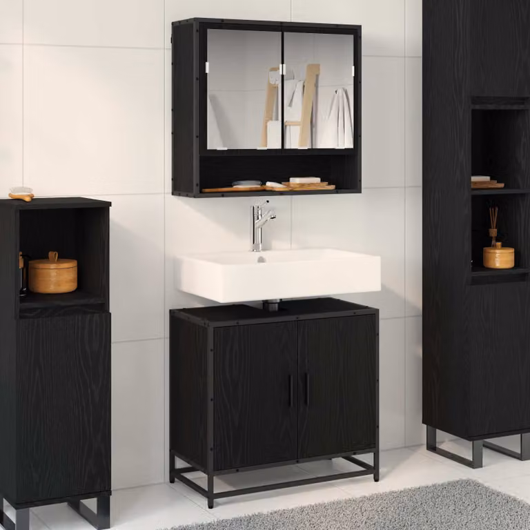 Set di mobili per il bagno vidaXL 2 pezzi in legno e metallo nero opaco con armadietto specchio e mobile lavabo L/P/H: 65 x 33 x 60 cm