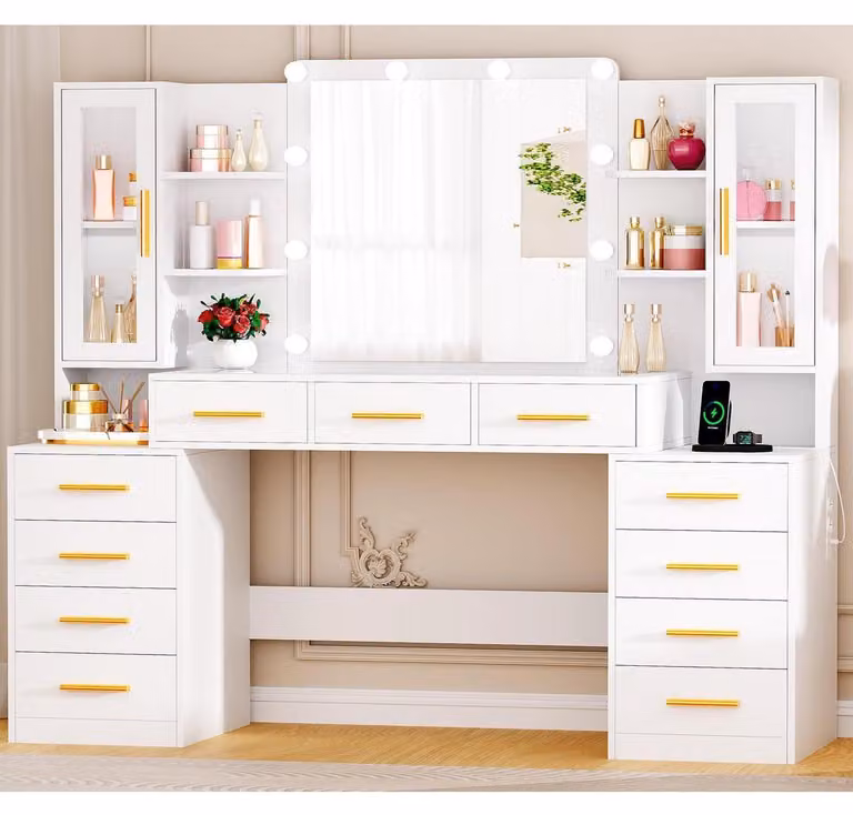 Comò da trucco con specchio e illuminazione, 11 cassetti, piano in vetro, presa di corrente, colore bianco, dimensioni 160x40x145 cm