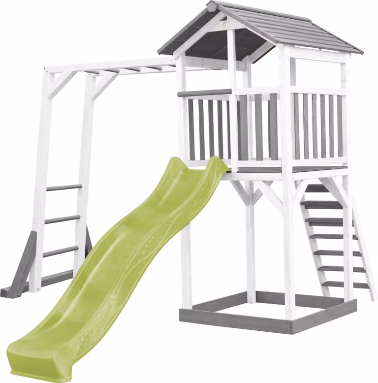 AXI Beach Tower parco giochi in legno in grigio e bianco | Torre di gioco con sabbiera, struttura di arrampicata e scivolo verde lime | Casa per bambini su palafitte per il giardino