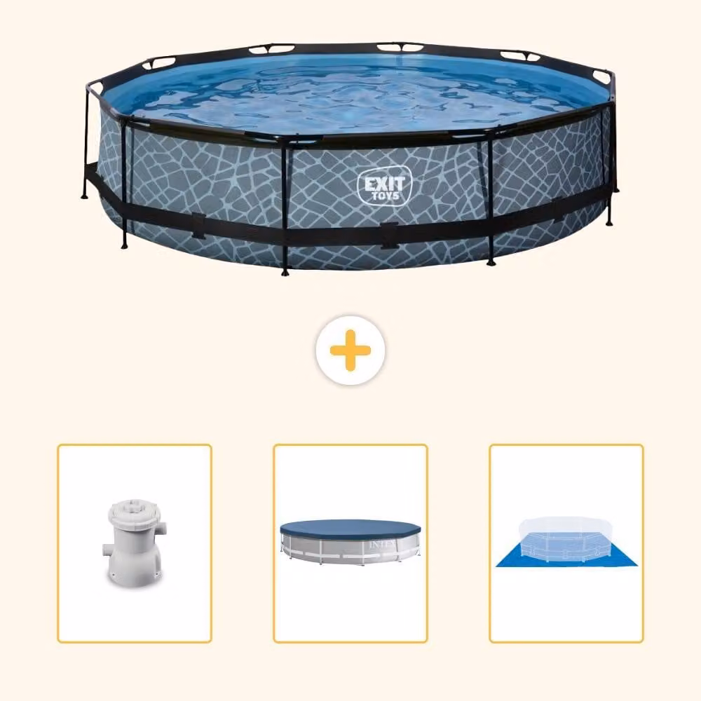 Piscina a sfioro "Exit Pool Rund" - Design effetto pietra - 360x76 cm - 4 pezzi - Modello SCB88