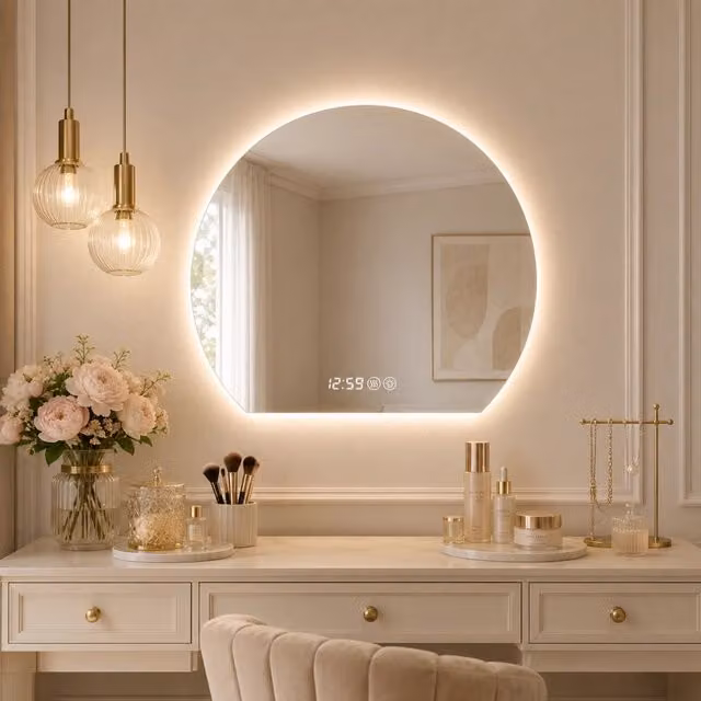 Specchio da bagno rotondo OKWISH con luce LED dimmerabile e funzione antiappannamento, argento, L: 88 cm, H: 80 cm