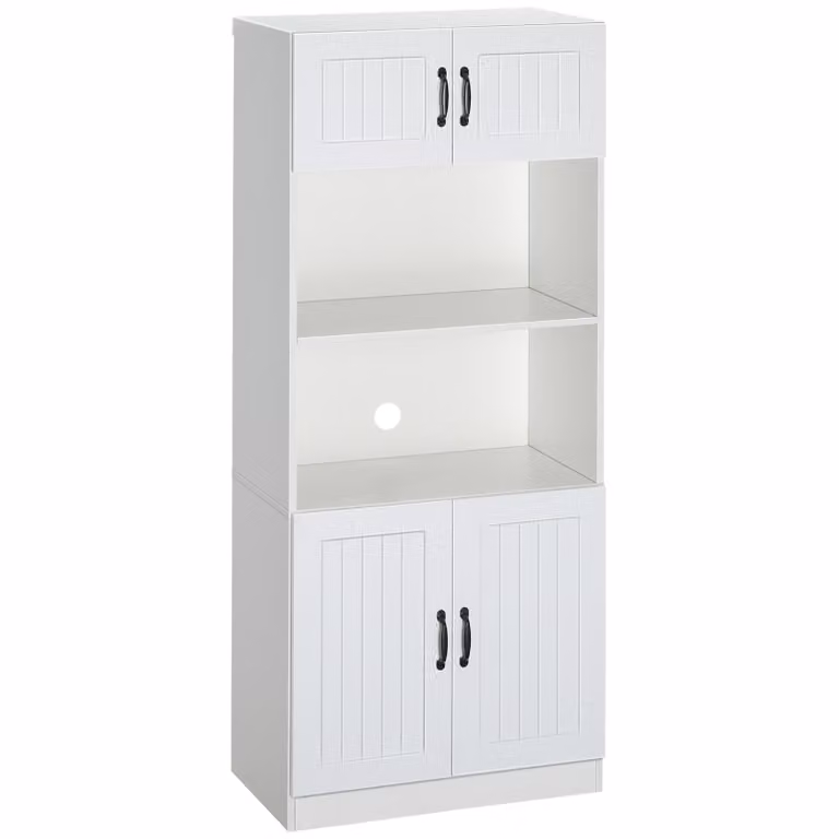 HOMCOM Mobile da cucina Buffet da cucina a colonna con 2 ripiani e 2 armadi Mobile da sala da pranzo con ripiani regolabili Ripiano per microonde Cinghia antiribaltamento Stile country Truciolato Bianco 70 x 40 x 170 cm