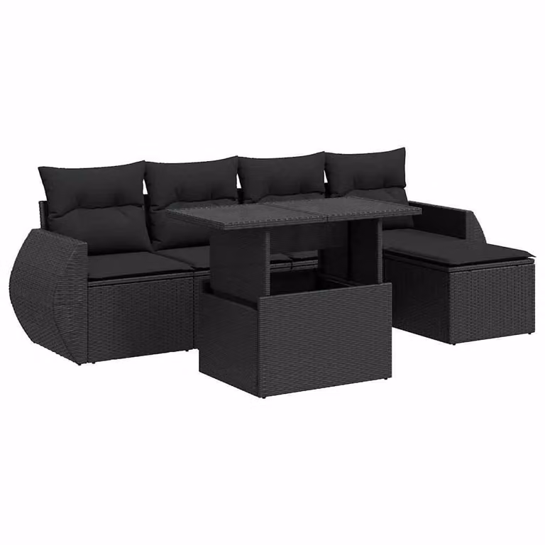 Set Divano da Giardino 6 pz con Cuscini Nero in Polyrattan