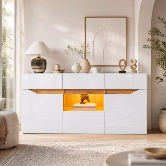 Credenza da soggiorno 140x40x70 cm con 4 cassetti; 2 vani contenitore e LED; bianco e legno naturale