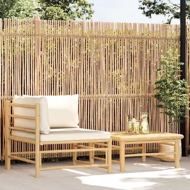 Set Divani da Giardino 2 pz con Cuscini Bianco Crema in Bambù 313144