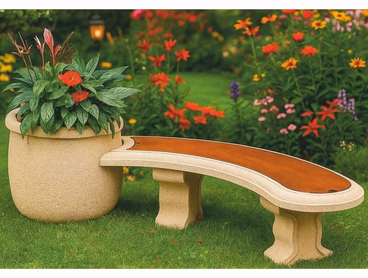 Panchina da giardino in stile Art Nouveau Casa Padrino con vaso da fiori, beige/marrone, 217 cm - Italy