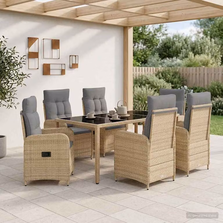 vidaXL Set da pranzo per esterni 7 pezzi in polyrattan con piano in vetro, Beige e Grigio Chiaro