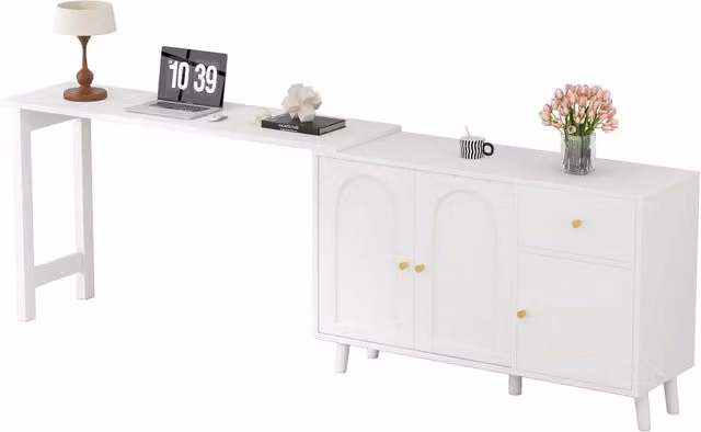 Scrivania Chicfurn moderna con piano girevole a 360 gradi e vano contenitore, bianca e oro, L: 120 cm, P: 50 cm, H: 74,5 cm
