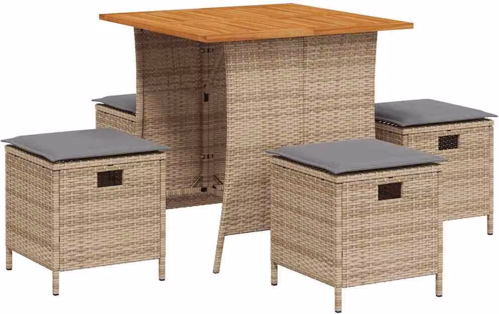 Set da Pranzo da Giardino 5 pz con Cuscini Beige in Polyrattan