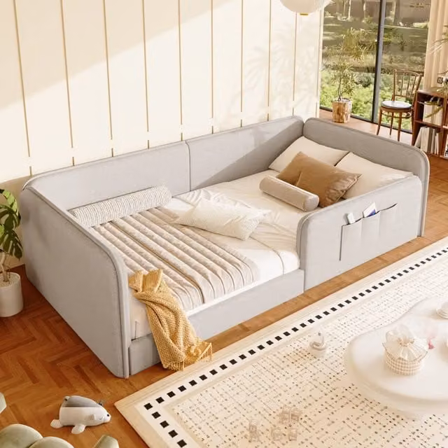 Letto singolo 90 × 200 cm con bordo imbottito, tasche laterali e rivestimento in lino, senza materasso, beige