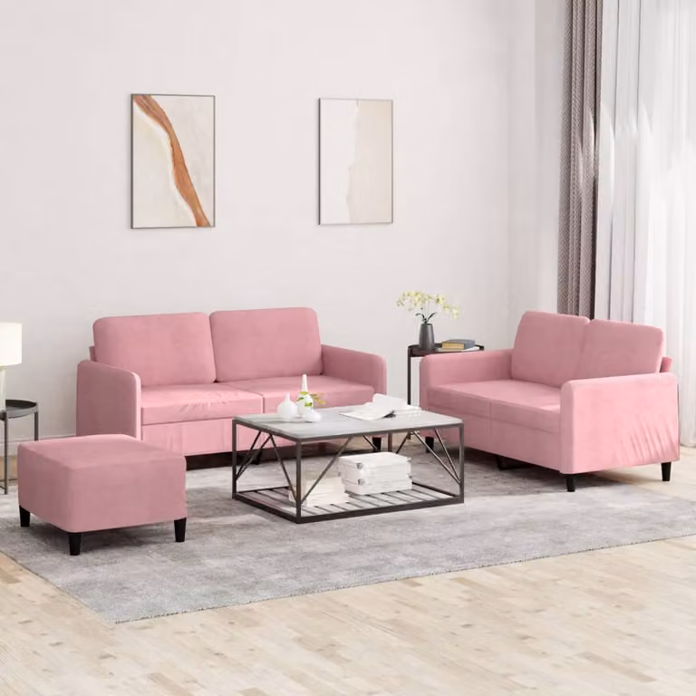 Set di 3 divani vidaXL in velluto rosa per il tuo soggiorno con cuscini inclusi