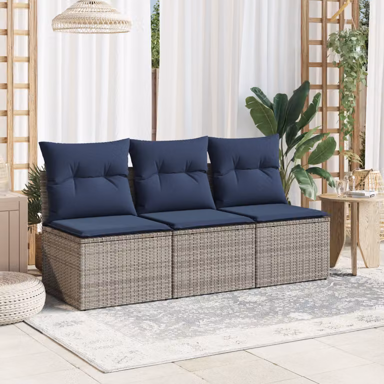 vidaXL Divano da Giardino a 3 Posti in Polyrattan con Cuscini, Grigio e Blu