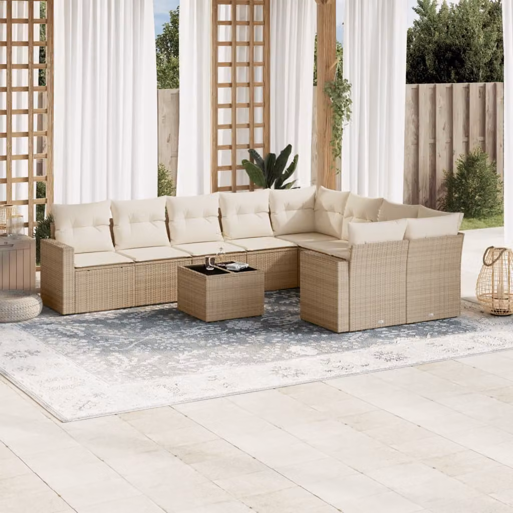 vidaXL Set Divano da Giardino 10 pz a Forma a L con Cuscini Beige e Tavolino in Polyrattan e Acciaio