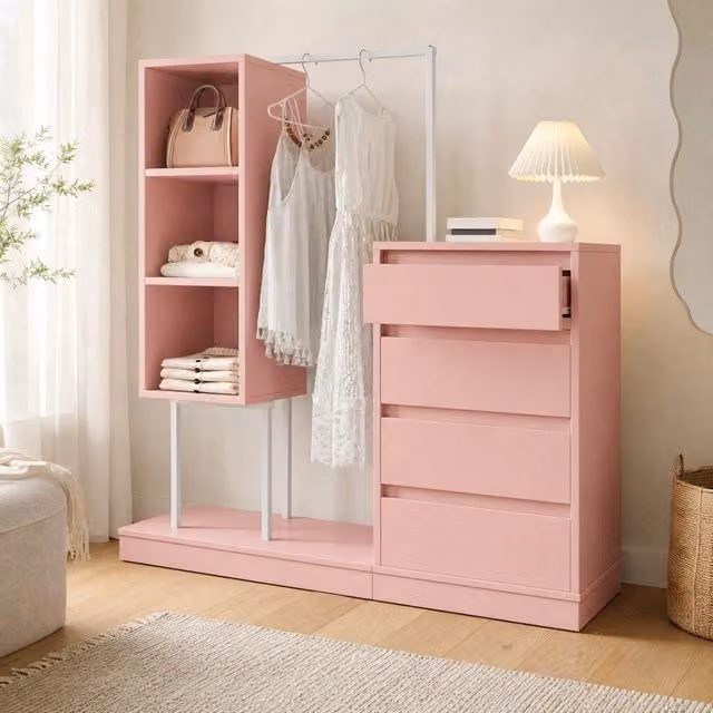 Scarpiera con 4 cassetti; 3 ripiani aperti e asta appendiabiti 100x40x135 cm Rosa/Bianco