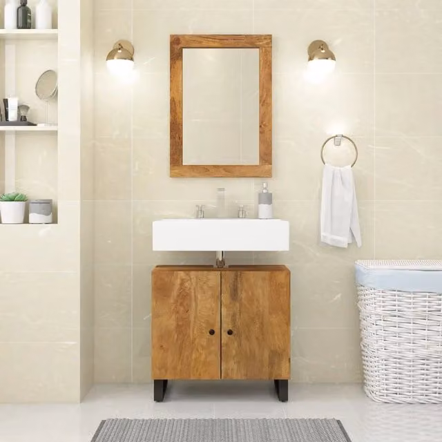 Mobile Lavabo Sospeso vidaXL in Legno di Mango Marrone con Ante a Battente L: 62 cm, P: 33 cm, H: 58 cm