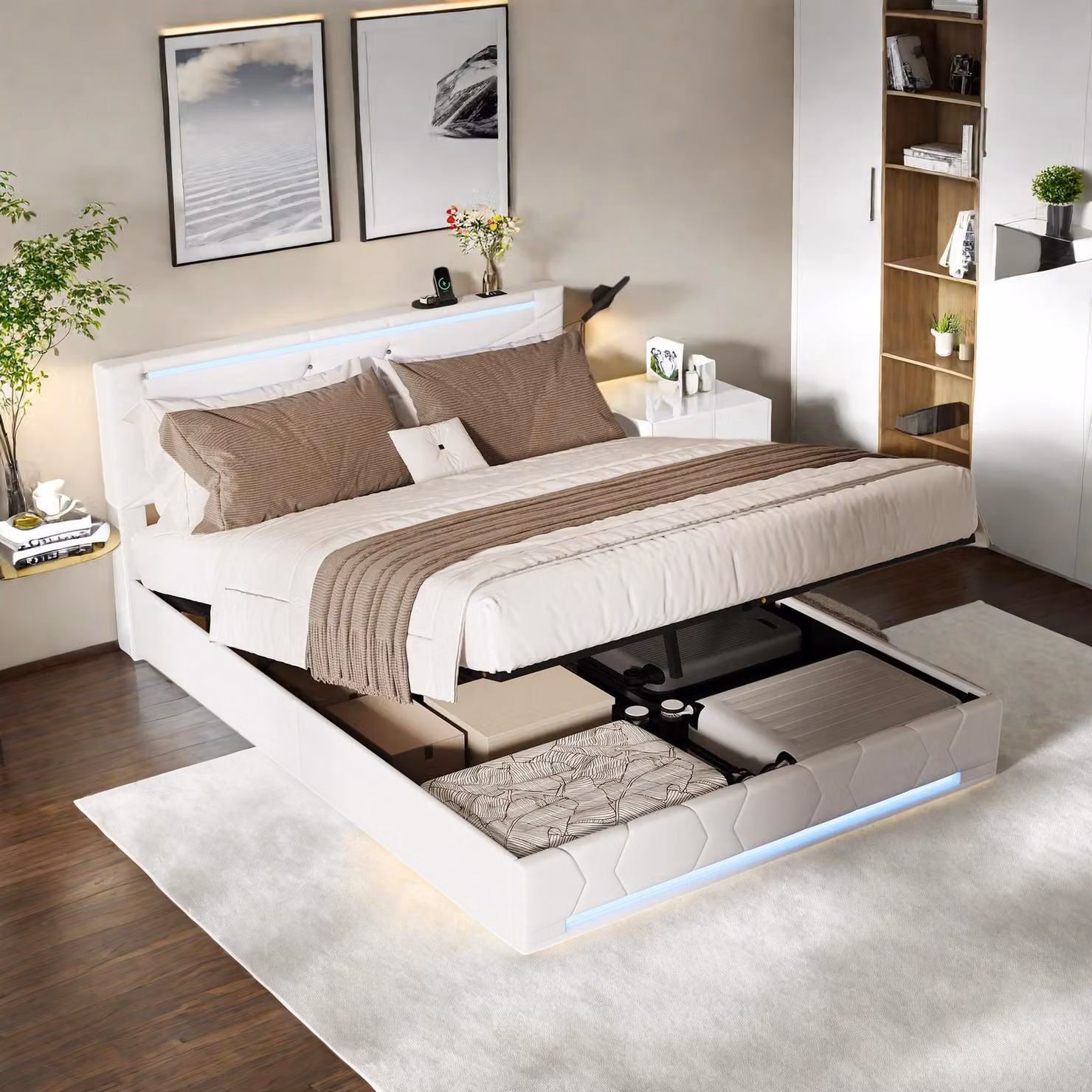 Letto imbottito Fortuna Lai 160x200cm, beige, in lino, con vano contenitore idraulico, rete a doghe, illuminazione a LED e porte di ricarica USB