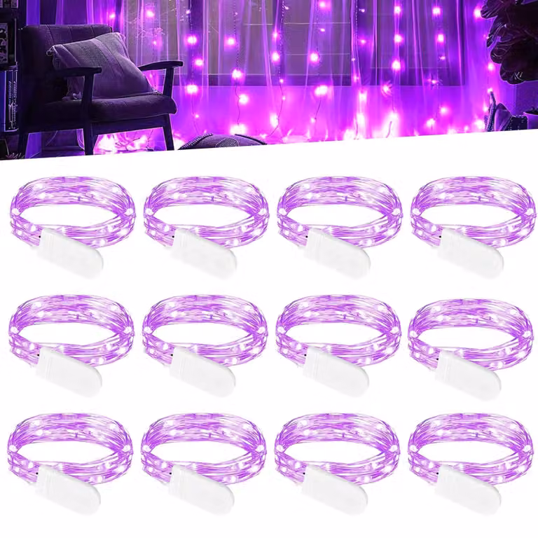 Catena luminosa a LED, set da 12, lunghezza 2 metri, 20 LED, color lilla, alimentazione a batteria
