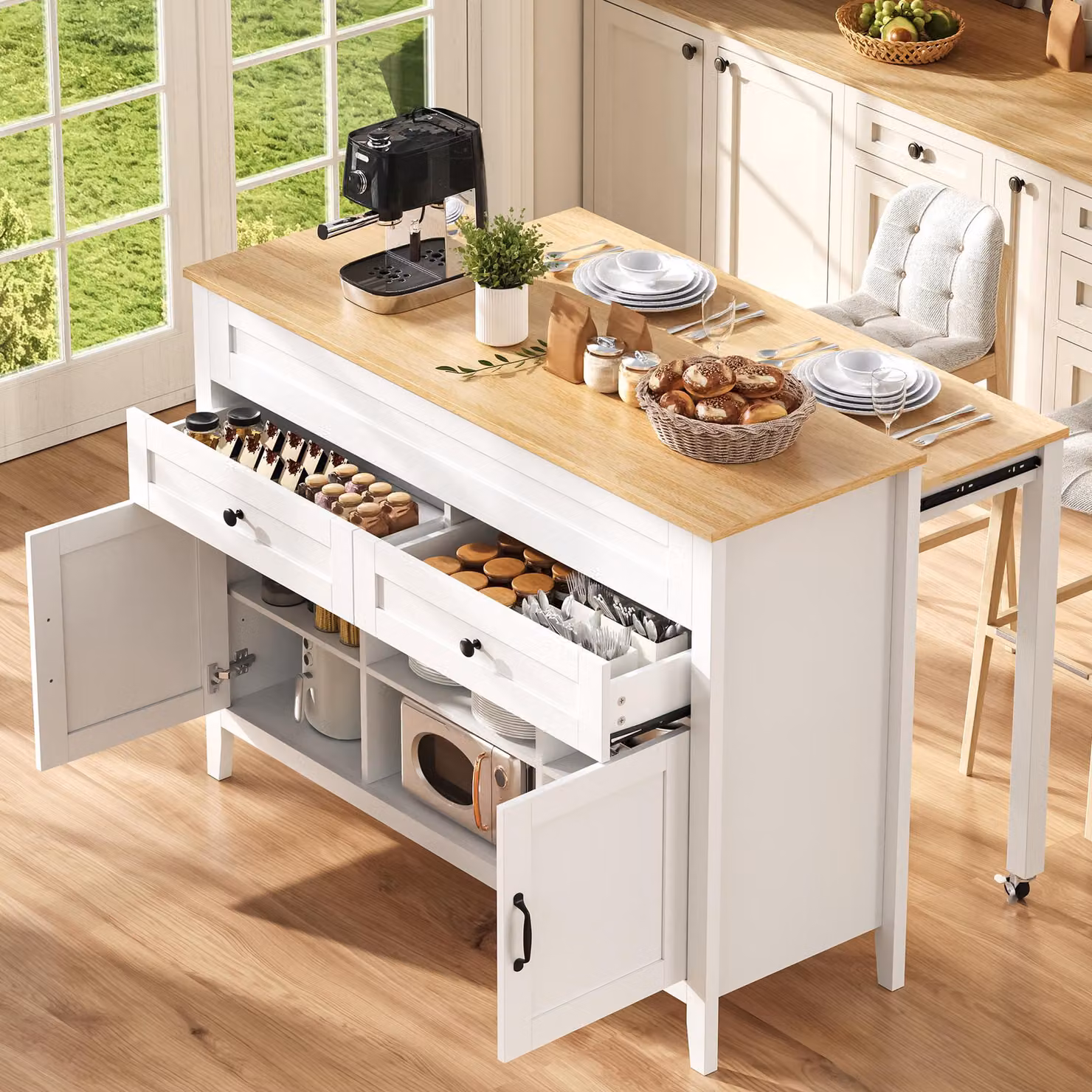 Isola da cucina MODFU con tavolo da pranzo estendibile su ruote, mobile da cucina bianco con 2 cassetti, carrello da cucina con ripiani aperti e vano contenitore chiuso