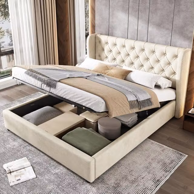 Letto imbottito Chesterfield 140x200 in velluto con contenitore; beige