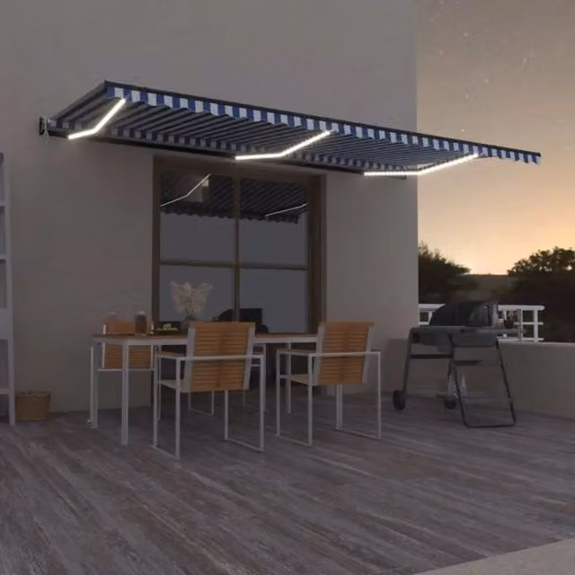 Tenda Automatica vidaxl con Sensore Vento e LED in Poliestere e Alluminio, L: 600 cm, P: 300 cm, Colore Blu, Bianco e Antracite