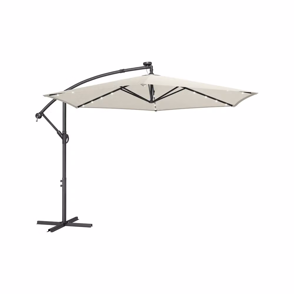Ombrellone da Giardino Decentrato con Base, Beige / 350 cm con Illuminazione LED Solare