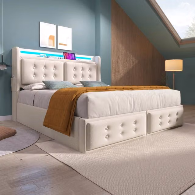 Letto imbottito 160 x 200 cm beige con LED, ricarica integrata e materasso