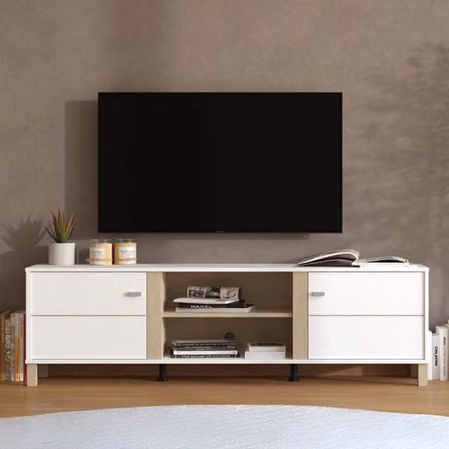 DMORA Mobile Porta TV Moderno con 2 Ripiani, Bianco e Legno, L: 176 cm, P: 40 cm, H: 52 cm – 1