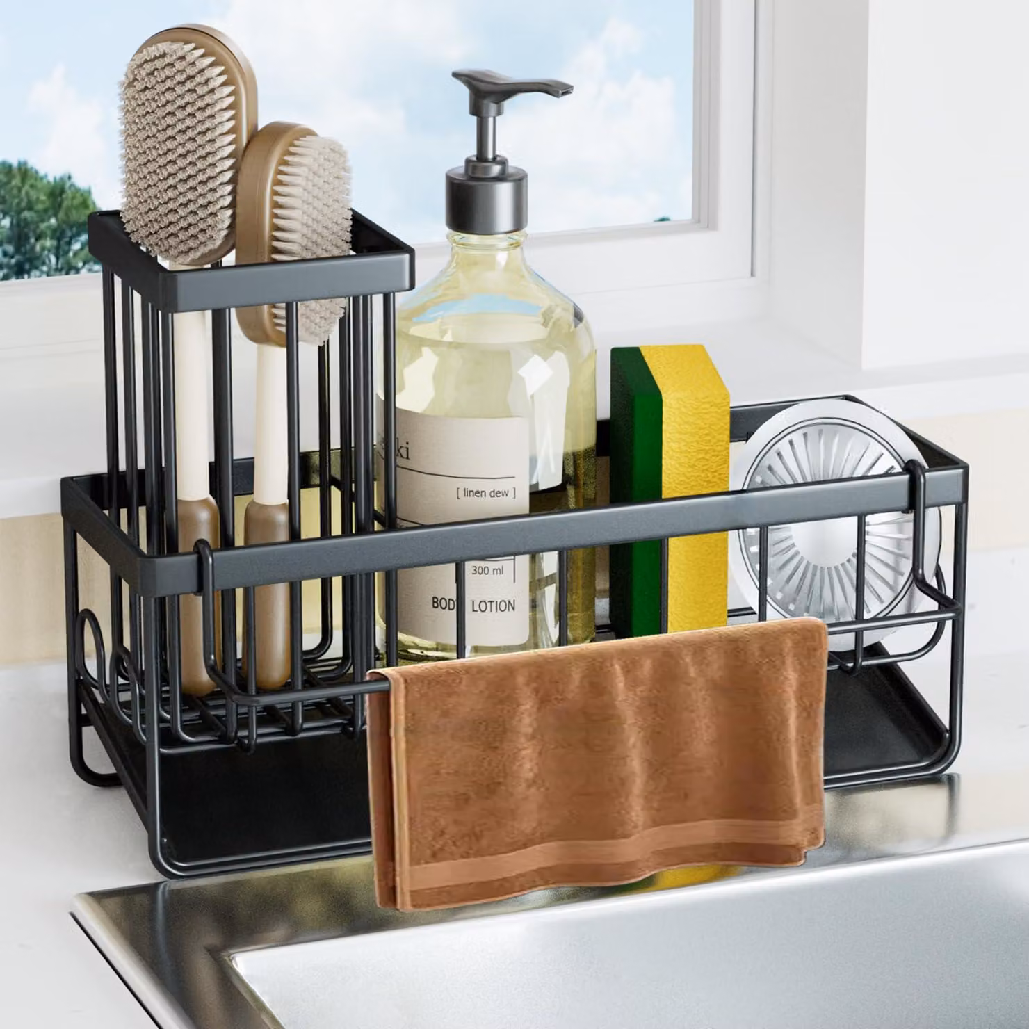 Organizzatore per lavello con scarico, salvaspazio, bianco e grigio, ideale per cucina e bagno