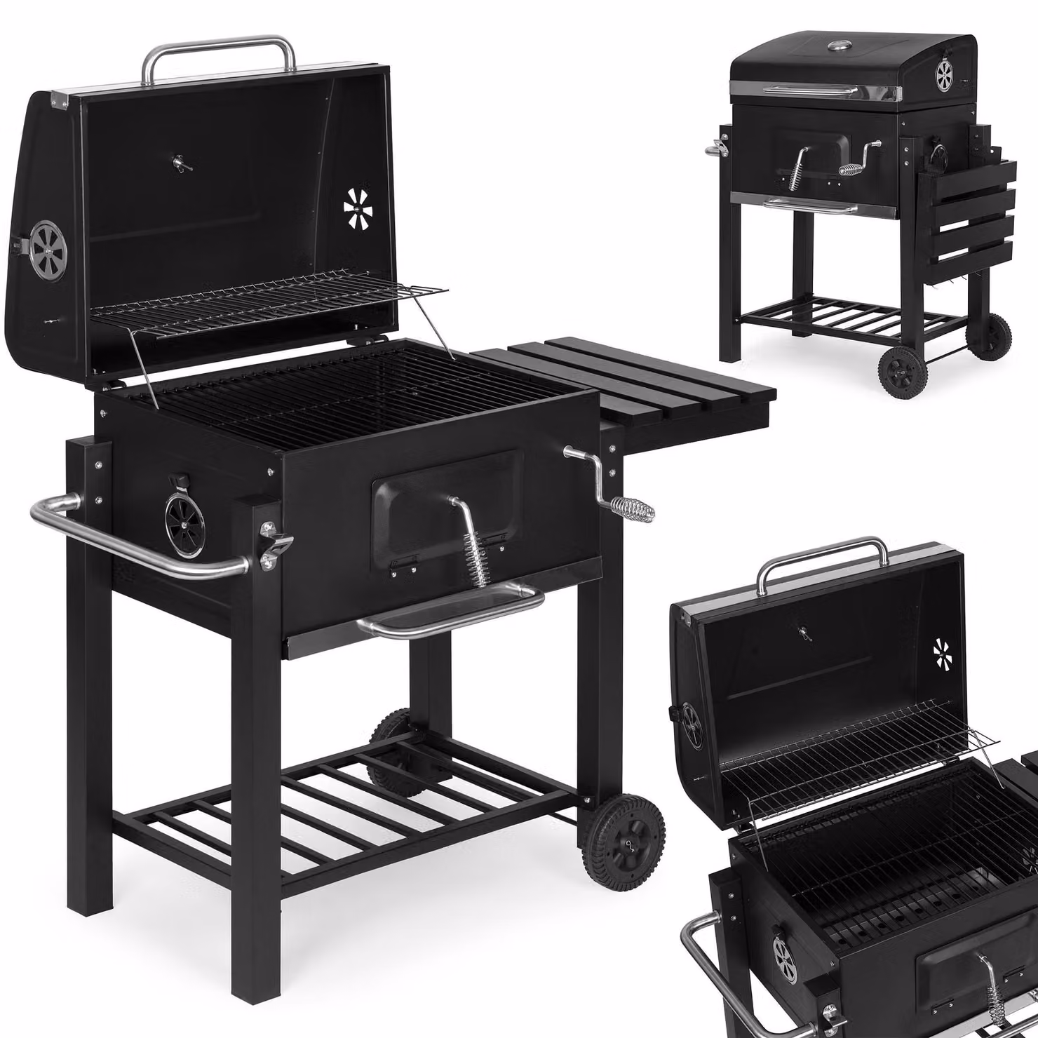 Barbecue a carbone di grandi dimensioni per esterno, con coperchio, termometro, ripiani e ruote. Gonfiabile incluso