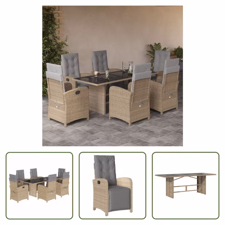 The Living Store Set da pranzo da giardino 7 pezzi con cuscini Beige poly rattan