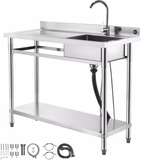 Combinazione indipendente per lavello singolo con rubinetto, dotata di un piano di lavoro a sinistra con lavello per acqua calda e fredda, ideale per garage, ristoranti o locali lavanderia, dimensioni 1200x500x940 mm