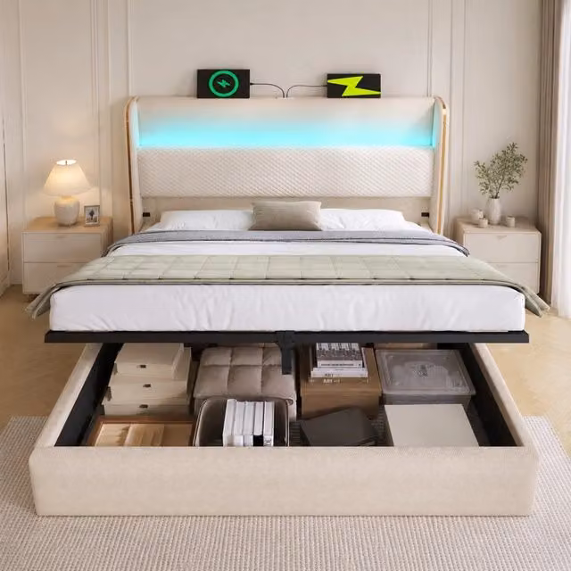 Letto contenitore beige 140x200 cm con LED e prese USB/Type-C in lino, legno e metallo