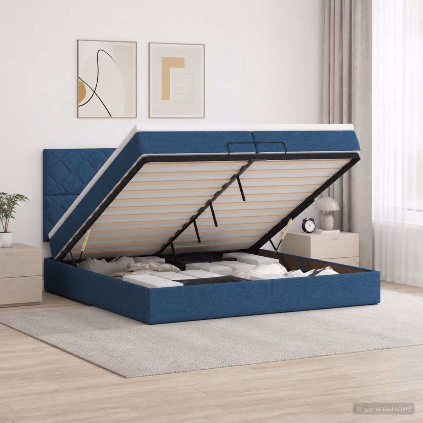 Letto ottomano con materasso vidaXL in tessuto blu e bianco, base a sollevamento, L 200 x P 200 cm
