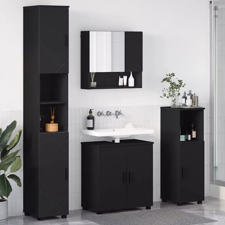 Set di mobili per il bagno vidaXL 4 pezzi nero opaco con mobile lavabo, armadietto con specchio, colonna alta e mobile laterale L/P/H: 61 x 35 x 64 cm