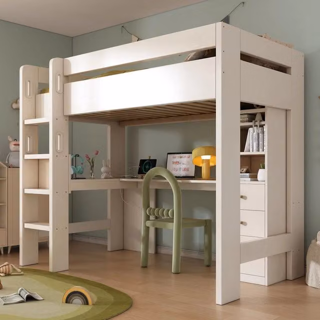 Letto a Soppalco con Scrivania ad L, Cassetti e Doghe in Legno ¨C MINIMAL ¨C Bianco 90x200