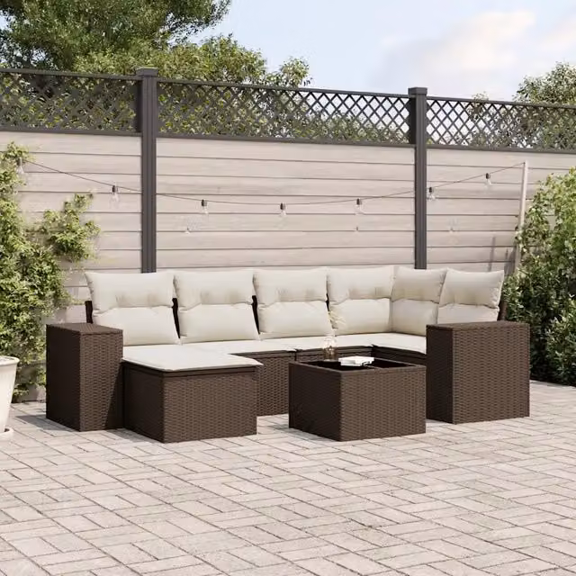 Set Divani da Giardino 7 pz con Cuscini Marrone in Polyrattan 3222872