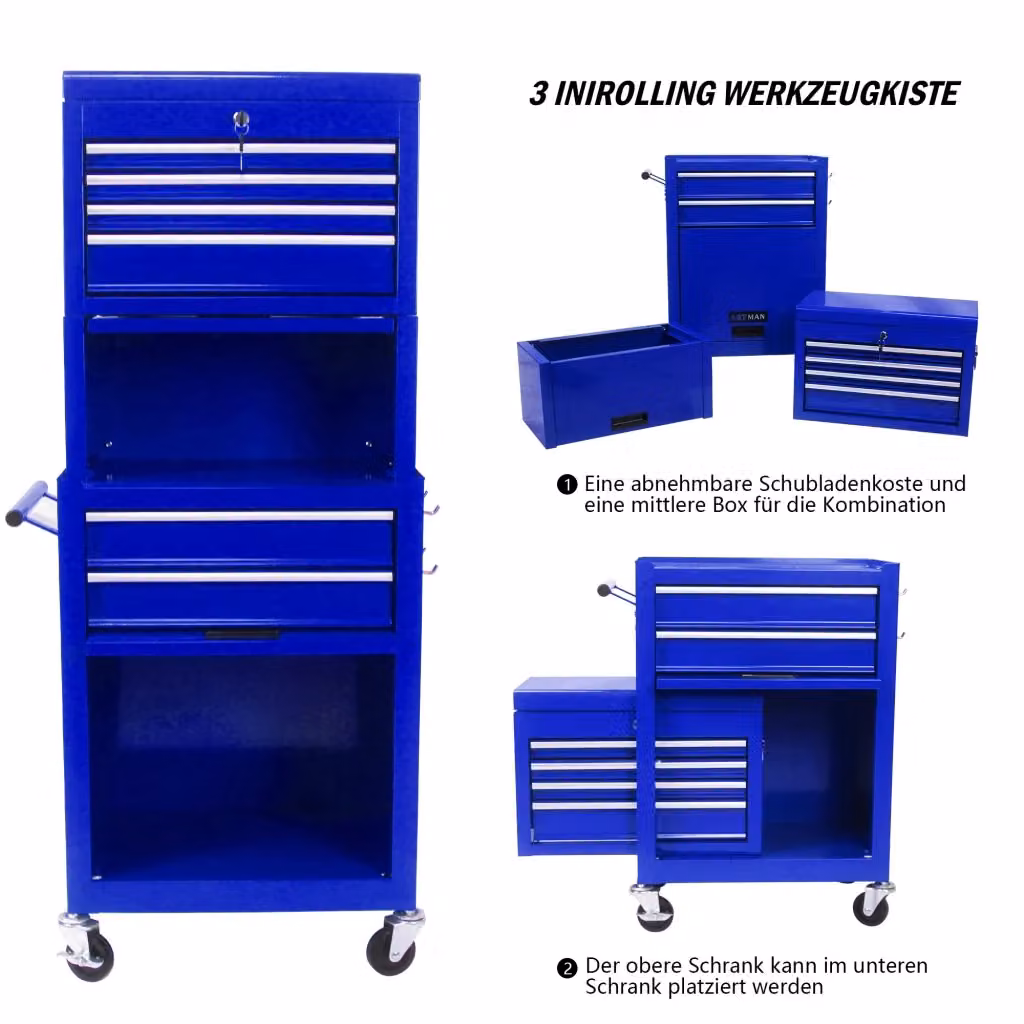 Cassetta portautensili Weimin in metallo blu con 6 cassetti, meccanismo di chiusura e 4 ruote universali, sistema di stoccaggio 2 in 1 rimovibile – 2