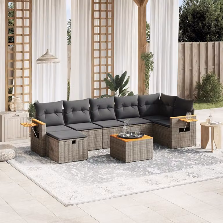 vidaXL Set Divano da Giardino a L 8 pz Grigio con Cuscini e Tavolino in Polyrattan e Acciaio