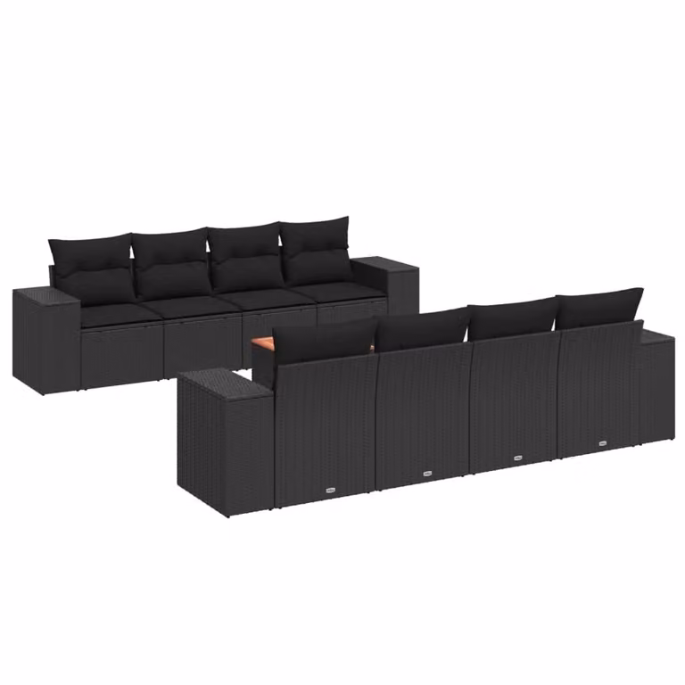 Set Divani da Giardino 9 pz con Cuscini Nero in Polyrattan