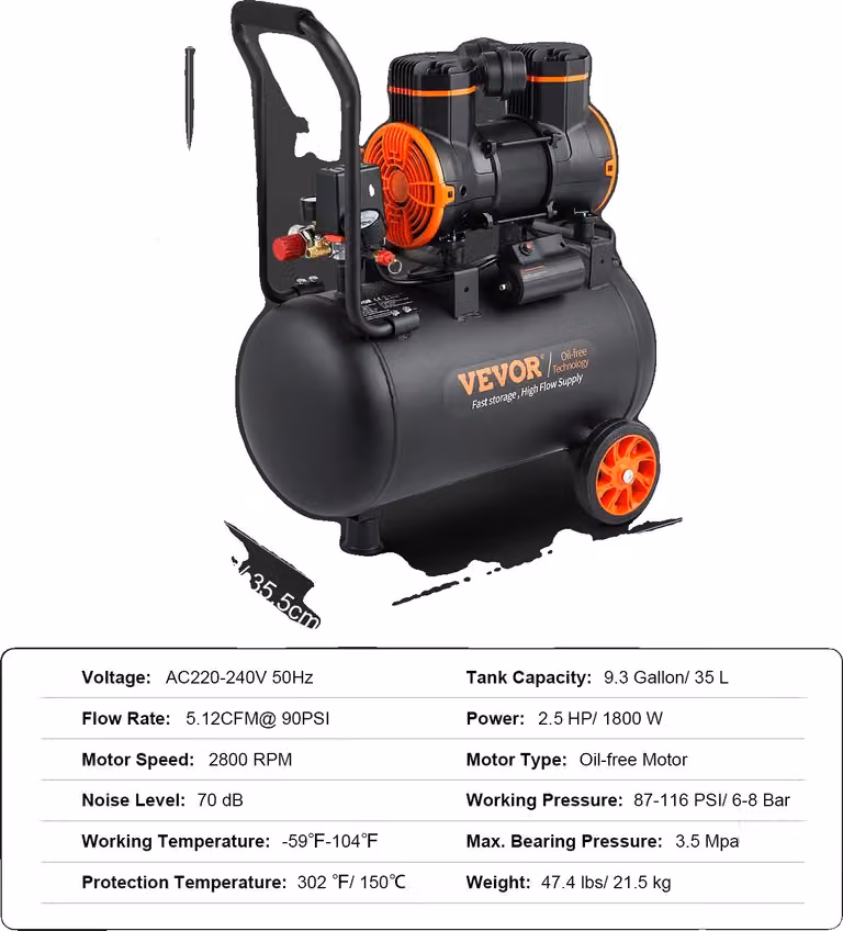 Compressore d'aria, 900W di potenza, capacità di 2,1 galloni; 35L, 1800W