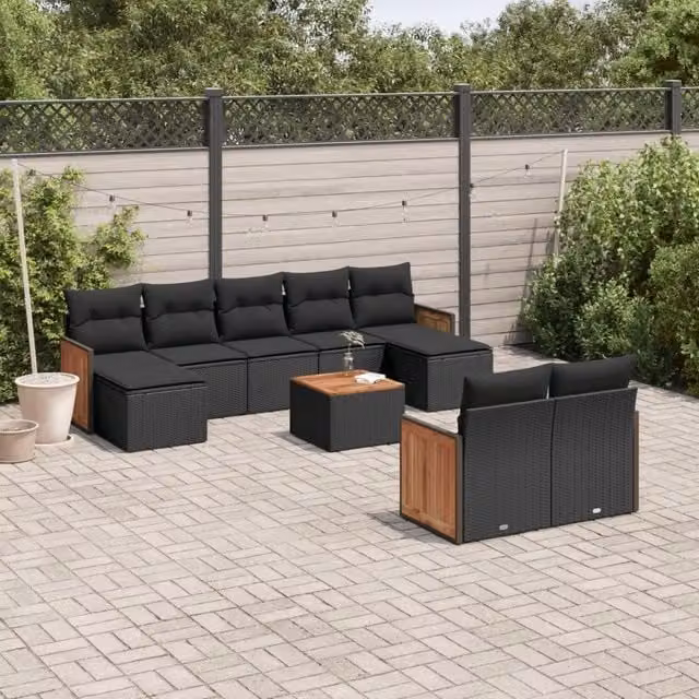 Set Divani da Giardino 10pz con Cuscini in Polyrattan Nero 3228085
