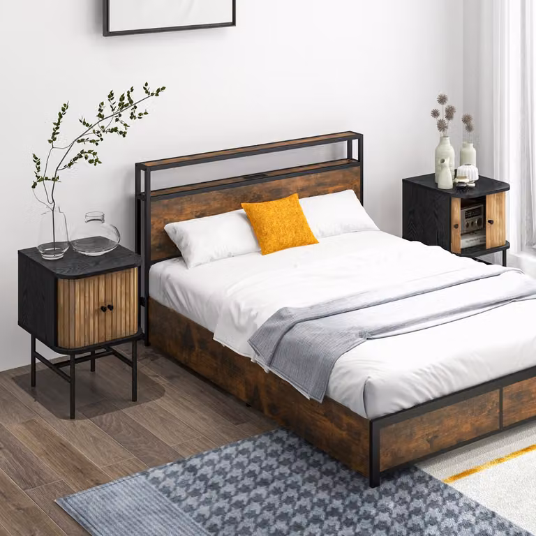 Set di 2 comodini Costway in stile mid-century con ante scorrevoli e gambe in metallo, colore nero